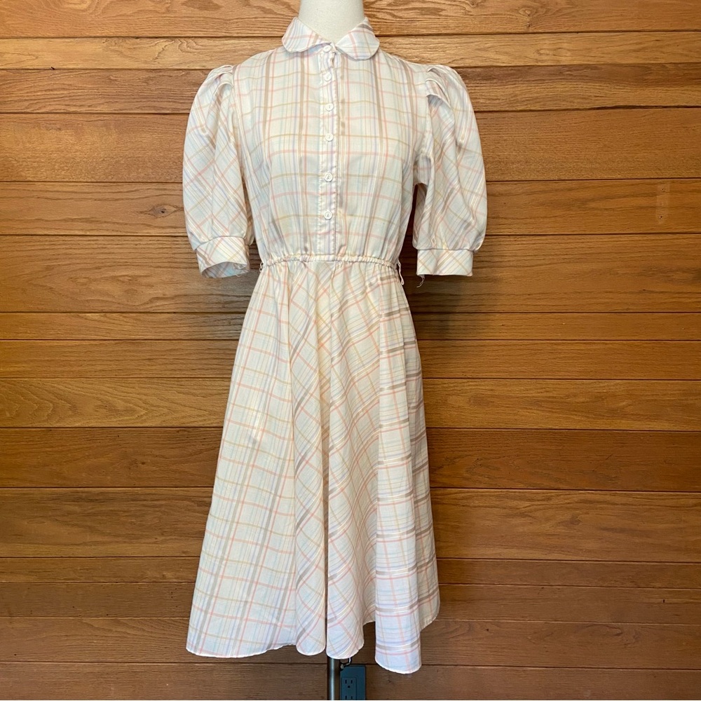 Vintage 1980s pink plaid puff sleeve dress